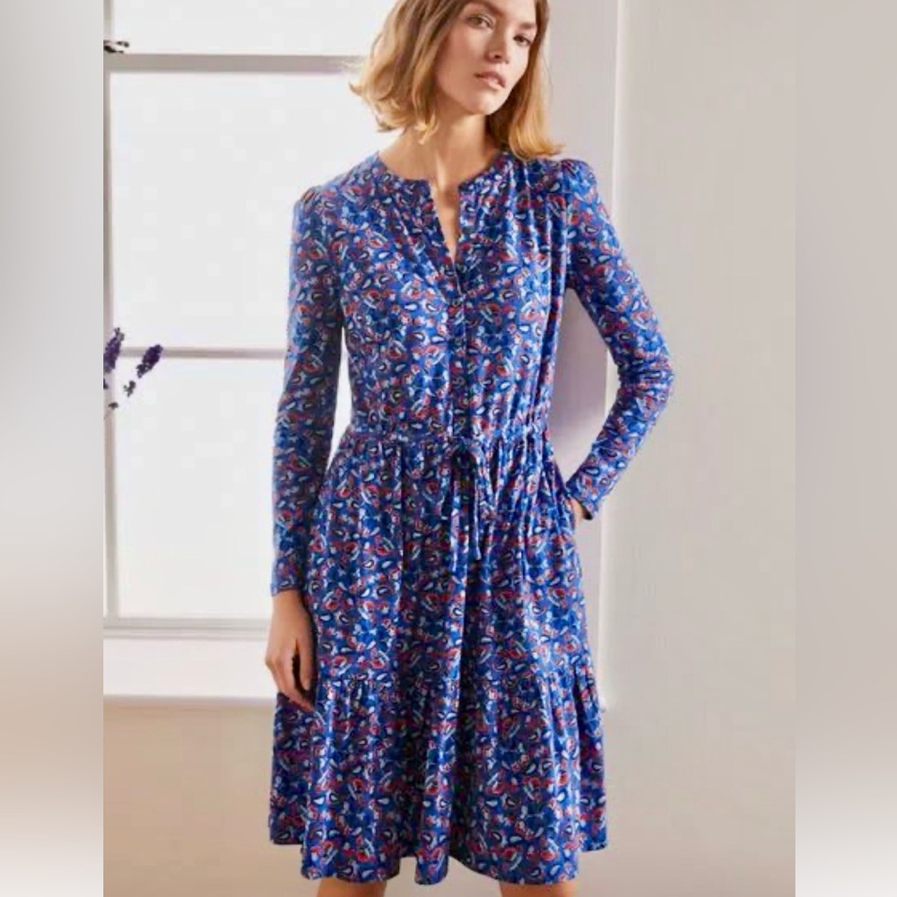 Boden Blue Red Floral Jersey Knit Dress Button Front Tiered Drawstring Waist
